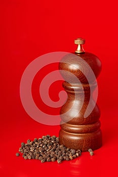 Wooden pepper mill with black peppercorn