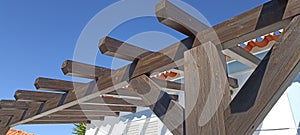 Wooden Pergola with blue sky background