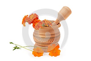 Wooden pestle and mortar on white background