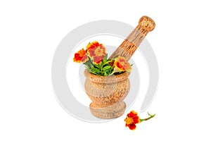 Wooden pestle and mortar isolated on white background