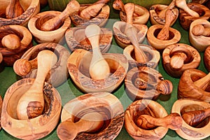 Wooden pestle and mortars.