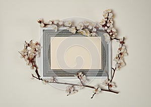 Wooden photo frame and border of spring branches of a blooming apricot on a pastel gray background.