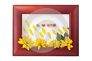 Wooden photo frame with yellow flowers on a white background. Hello autumn concept