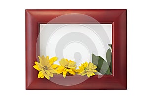 Wooden photo frame with yellow flowers on a white background. Hello autumn concept