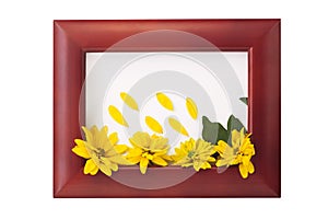 Wooden photo frame with yellow flowers on a white background. Hello autumn concept