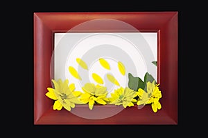 Wooden photo frame with yellow flowers on a white background. Hello autumn concept