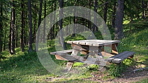 Wooden picinic table in the forest, no people - 4K	video