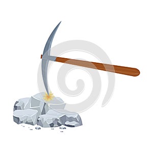 Wooden pickaxe and silver nugget pile, ore in cartoon style isolated on white background. Mine, digging concept. Handle
