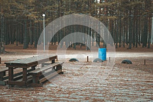 Wooden picnic table in Autumn forest