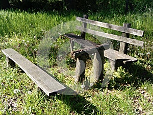 Wooden picnic table and bench in a forest. Quiet place. Summer and green grass