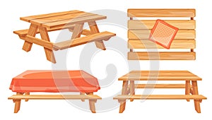 Wooden picnic table. Cartoon wood garden tables tablecloth and benches for camp grill outdoor park barbecue, isolated