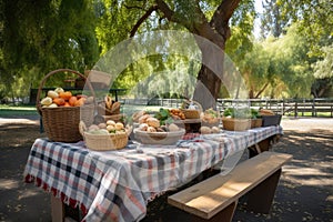 wooden picnic table with checkered blanket and baskets of food in a park setting