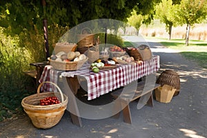 wooden picnic table with checkered blanket and baskets of food in a park setting