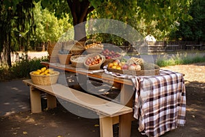 wooden picnic table with checkered blanket and baskets of food in a park setting