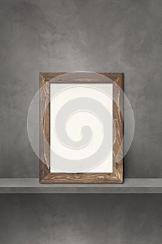 Wooden picture frame leaning on a grey shelf. 3d illustration. Vertical background