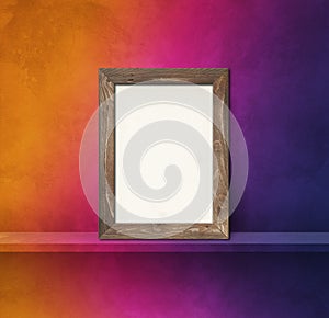 Wooden picture frame leaning on a rainbow shelf. 3d illustration. Square background