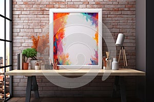 Wooden picture frame mockup in modern interior. Vertical template mock up for artwork, painting, photo or poster in