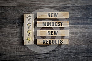 Wooden pieces on a wooden background showing the words new mindset and new results