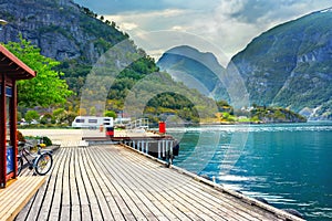 Wooden pier in Aurland. Aurlandsfjord,  Norway