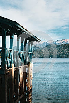 Wooden pier in the bay of Lake Nahuel Huapi, Patagonia Argentina