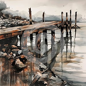 Desolate Autumn seaside, wooden pier, calm sea, overcast sky, AI generative watercolor illustration