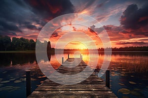 A wooden pier with a dock and a beautiful sunset in the background