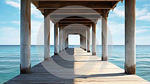 Wooden pier extends into sparkling sea.AI Generated