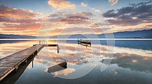 Wooden pier or jetty and a boat on a lake sunset. Versilia Tuscany, Italy