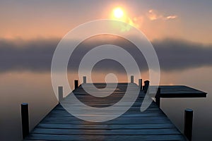 Wooden pier on lake at sunrise