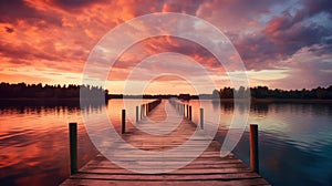 Wooden pier on the lake at sunset. Beautiful summer landscape. Generative AI