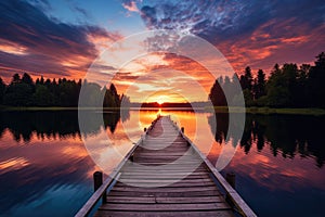 Wooden pier on the lake at sunset. Beautiful summer landscape, Small boat dock and beautiful sunset landscape view with a huge