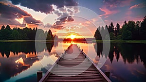 Wooden pier on the lake at sunset. Beautiful summer landscape, Small boat dock and beautiful sunset landscape view with a huge