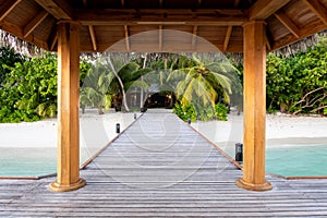 Wooden pier leading to tropical island with lush palm trees and white sany beach with thatched roof above, Maldives