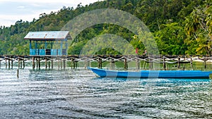 Wooden Pier of an local Village on Gam Island, West Papuan, Raja Ampat, Indonesia