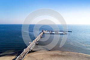 Wooden pier with marina in Sopot resort, Poland. Aerial view