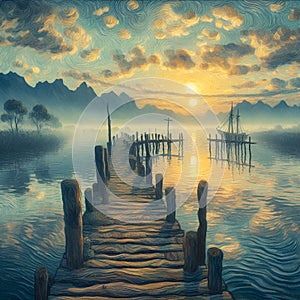 A wooden pier at misty dawn, in a still sea, boat, reflection water surface, tree, sky, clouds, painting art, Van Gogh style