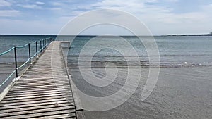 Wooden pier over sea against clear sky