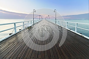 Wooden pier at sea shore, morning view, Gdynia Orlowo poland