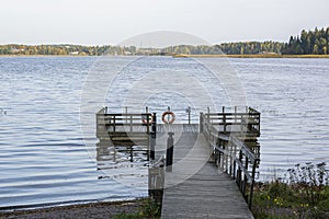 Wooden pier on the shore and view to The Gulf of Finland, Majvik, Kirkkonummi, Finland