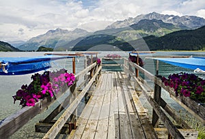 Wooden pier on Sils Lake