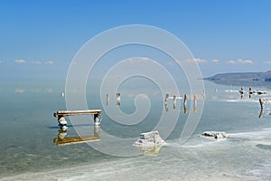 Wooden pillars with crystallized salt on Urmia Salt Lake. Iran photo