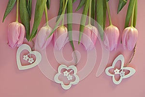 Wooden pink empty copy space background with pink tulips