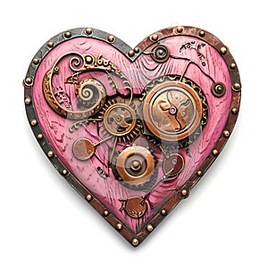 Wooden pink heart with carved patterns on a white background. steampunk