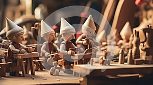 wooden Pinocchio dolls busily working in a toy-making workshop