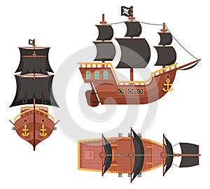 Wooden pirate buccaneer filibuster corsair sea dog sailing ship game icon isolated on white flat design vector