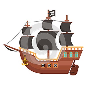 Wooden pirate buccaneer filibuster corsair sea dog sailing ship isolated on white flat design vector illustration