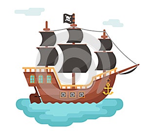 Wooden pirate buccaneer filibuster corsair sea dog ship game icon isolated flat design vector illustration