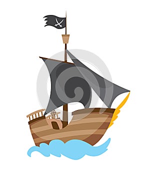 Wooden pirate buccaneer filibuster corsair sea dog ship icon game, isolated flat design. Color cartoon frigate. Vector