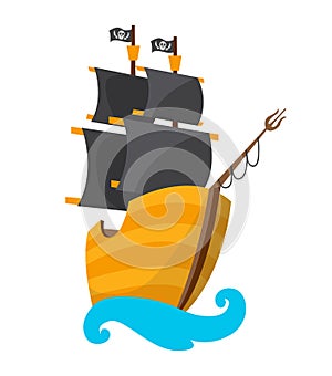 Wooden pirate buccaneer filibuster corsair sea dog ship icon game, isolated flat design. Color cartoon frigate. Vector