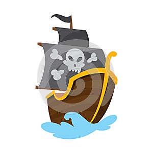 Wooden pirate buccaneer filibuster corsair sea dog ship icon game, isolated flat design. Color cartoon frigate. Vector